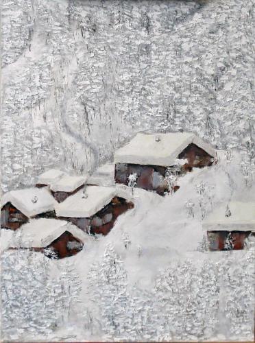 CABINS IN THE SNOW OIL ON CANVAS 18X24