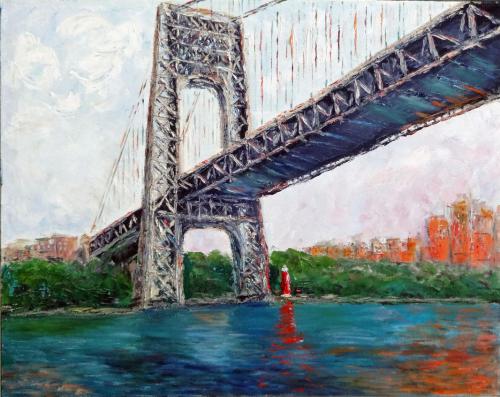 THE LITTLE RED LIGHTHOUSE AND THE GREAT GRAY BRIDGE OIL ON CANVAS 24X30